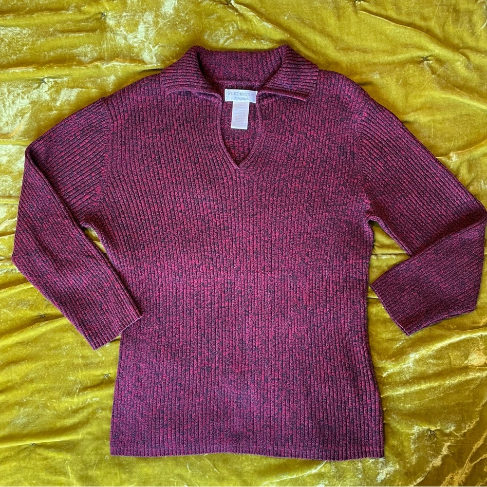 Worthington Collared Ribbed Black/maroon heathered sweater size Large